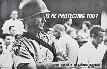 SNCC poster, Is He Protecting You?, ca. 1963, photograph by Danny Lyon (copyright Danny Lyon/Magnum Photos; image reproduction: Tamiment Library and Robert F. Wagner Labor Archives and Radicalism Photograph Collection, Tamiment Library, New York University)