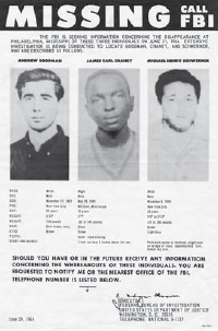 Chaney, Goodman, and Schwerner, Missing, Call FBI poster (call number: Ephemera/Civil Rights/1964/Box 5, 1961–1969, MDAH Collection)