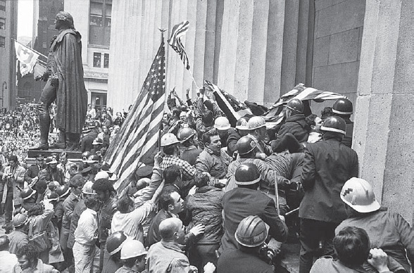 Carl T. Gosset Jr., Construction Workers Protesting an Anti-War Rally at the Subtreasury Building, New York Times, May 9, 1970 (copyright Carl T. Gosset Jr./New York Times)