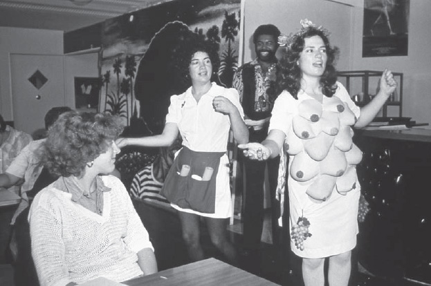 The Waitresses, The Great Goddess Diana, performance art vignette created as part of Ready to Order?, 1978; pictured: Anne Gauldin and Denise Yarfitz, photograph by Maria Karras (image ID# wb78.2009, Woman’s Building Image Archive, Otis College of Art and Design)