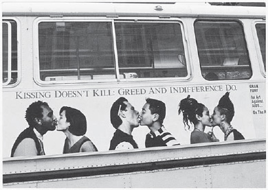 Gran Fury, Kissing Doesn’t Kill, 1989, bus advertisement (LGBT and HIV/AIDS Activist Collections, the New York Public Library, Astor, Lenox and Tilden Foundations)