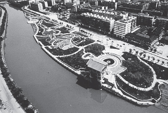 Aerial view of the Living Water Garden, Chengdu, China, 1998 (Betsy Damon)