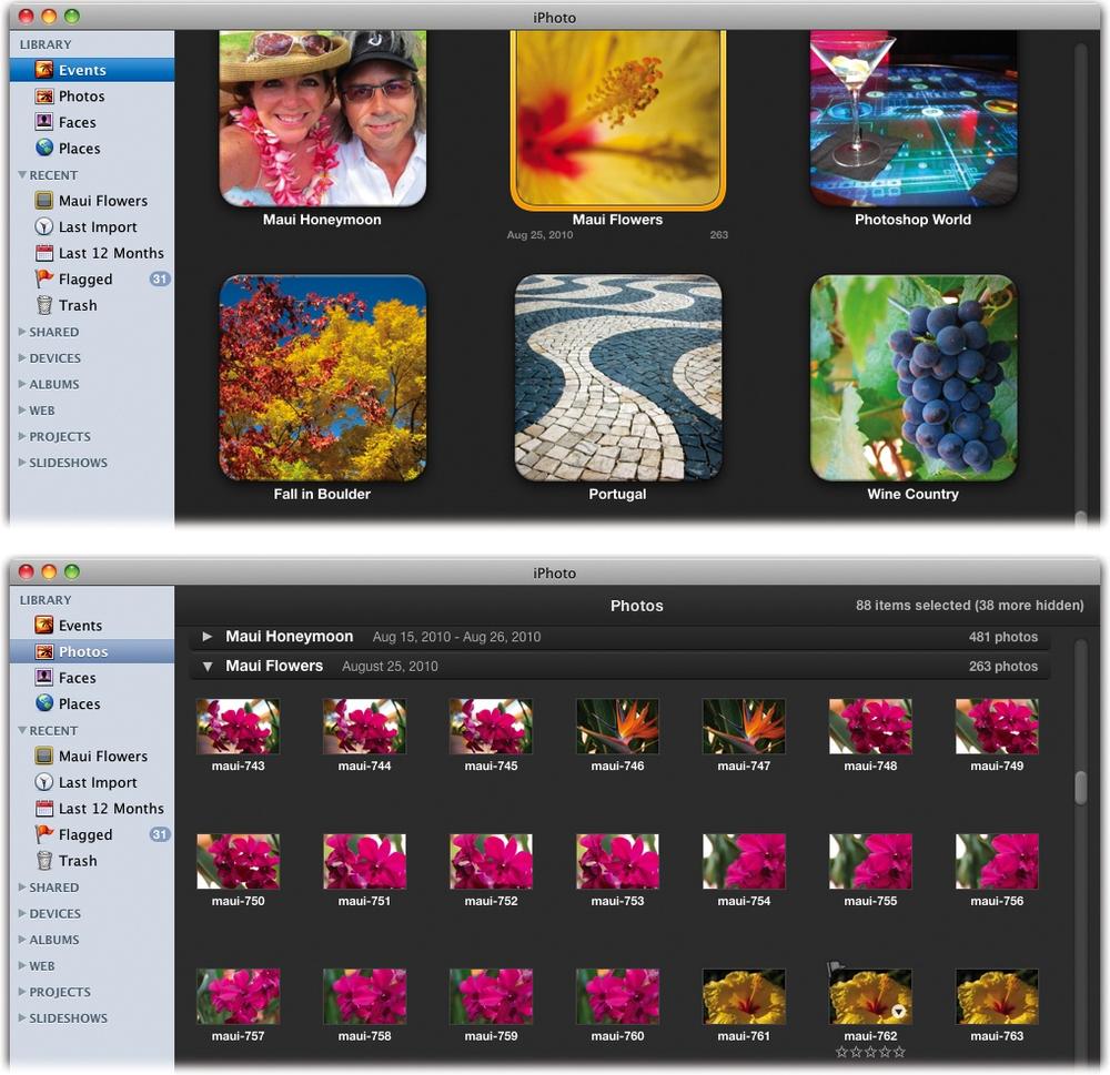 Top: Each Event is a clump of photos all taken at about the same time. Events are iPhoto ’11’s primary organizing structure, like it or not. (The Library heading doesn’t even list your photos by year anymore.)Bottom: You can also view your entire collection as Photos, meaning that every single photo has its own thumbnail in a huge scrolling list. They’re still grouped by Event, though, as indicated by the collapsible headings. In iPhoto ’11, these headings become slightly opaque and “float” to the top of the window as you scroll through your photos. That way, you always know which Event the photos belong to.
