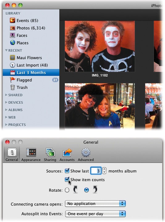 Top: You can specify how far back the “Last___Months” album goes in the General panel of iPhoto Preferences (bottom).Don’t forget, by the way, that iPhoto isn’t limited to grouping your pictures by year. It can also show you the photos you took on a certain day, in a certain week, or during a certain month. See page 81 for details.Bottom: While you’re in Preferences, don’t miss the “Show item counts” option. It places a number in parentheses after each album name in the Source panel (except for smart albums and the “Last _ Months” album), representing how many pictures are inside. By turning on this checkbox, you can find out whether you’re certifiably snap happy.