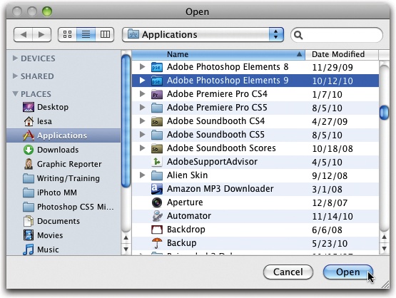 In the Advanced pane of iPhoto’s Preferences, you can use the Edit Photos pop-up menu to specify your favorite editor: “In iPhoto” or “In application…” Clicking the latter summons the Open dialog box shown here, where you can navigate to the other program (in this case, Photoshop Elements). Once you pick the application, iPhoto chooses it for you in the pop-up menu.From now on, entering Edit view will launch the other program (if it’s not already running) and open your photo as a new document in that program. iPhoto also creates a copy of your original photo for safekeeping.