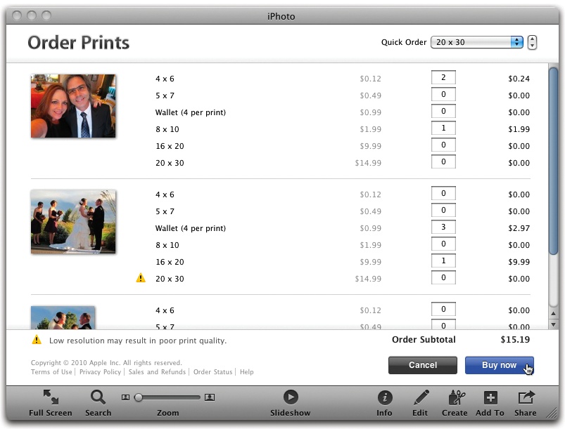 The Order Prints window lets you order six different types of prints of your photos—from a set of four wallet-sized prints to mammoth 20 x 30 posters. Use the scroll bar on the right to skim through all the photos you’ve selected and specify how many copies of each one you want to order.Note the yellow alert triangles next to certain print sizes. iPhoto is telling you the photo you’re ordering is too low resolution for the size in question.