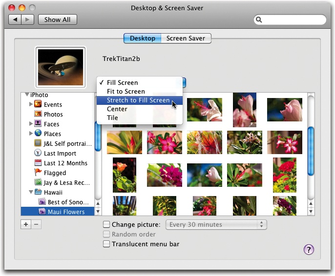 If your photo doesn’t fit the screen perfectly, choose a different option from the pop-up menu in the Desktop & Screen Saver window. In most cases, though, the factory setting of Fill Screen works just fine.While you’re in the Desktop & Screen Saver window, you might notice that all of your iPhoto albums are listed below the collection of images that came with your Mac. You can navigate through those albums to find a new desktop image.