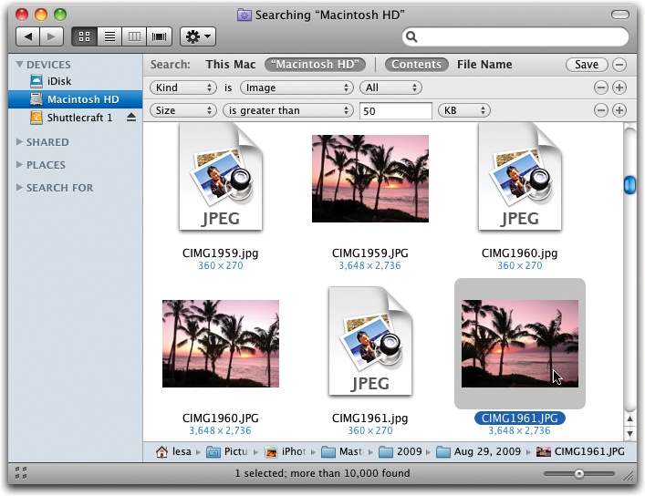 Search for images (or file extensions .JPG or .JPEG) with file sizes greater than, say, 50 K (to avoid rounding up all of the little thumbnail representations; it’s the actual photos you want).The results may include thousands of photos. But in this desperate state, you may be grateful that you can either (a) click one to see where it’s hiding, or (b) select all of them, drag them into a new, empty iPhoto library, and begin the process of sorting out the mess.