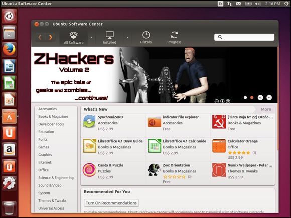 Snapshot of the Ubuntu Software Center contains a list of the most popular software when you open it.