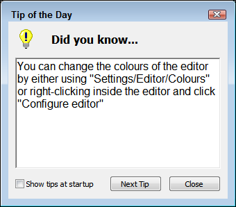 Snapshot of Code::Blocks provides a tips dialog box that contains helpful information.