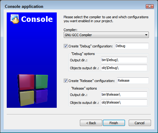 Snapshot of Tell Code::Blocks where to place the Debug and Release versions of the application.