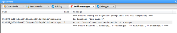 Snapshot of Code::Blocks telling  about errors in your application.