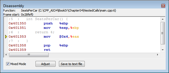 Snapshot of the Disassembly window showing the assembly code that results from the C++ code you write.