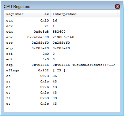 Snapshot of viewing the CPU registers which can give you insight into how code interacts with the processor.