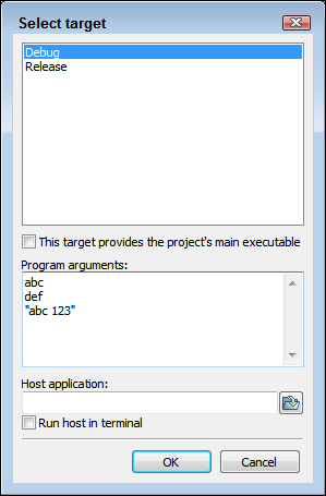 Snapshot of using the Select Target dialog box to add program arguments.