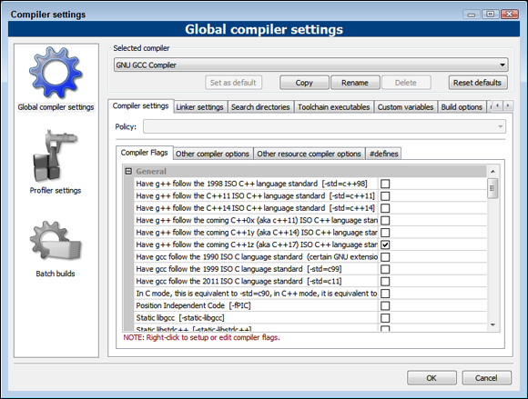 Snapshot of using the Compiler Settings dialog box to configure Code::Blocks to use Boost.