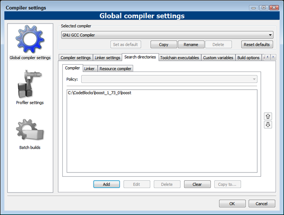 Snapshot of the Search Directories tab which will display any compiler, linker, or resource compiler search locations.