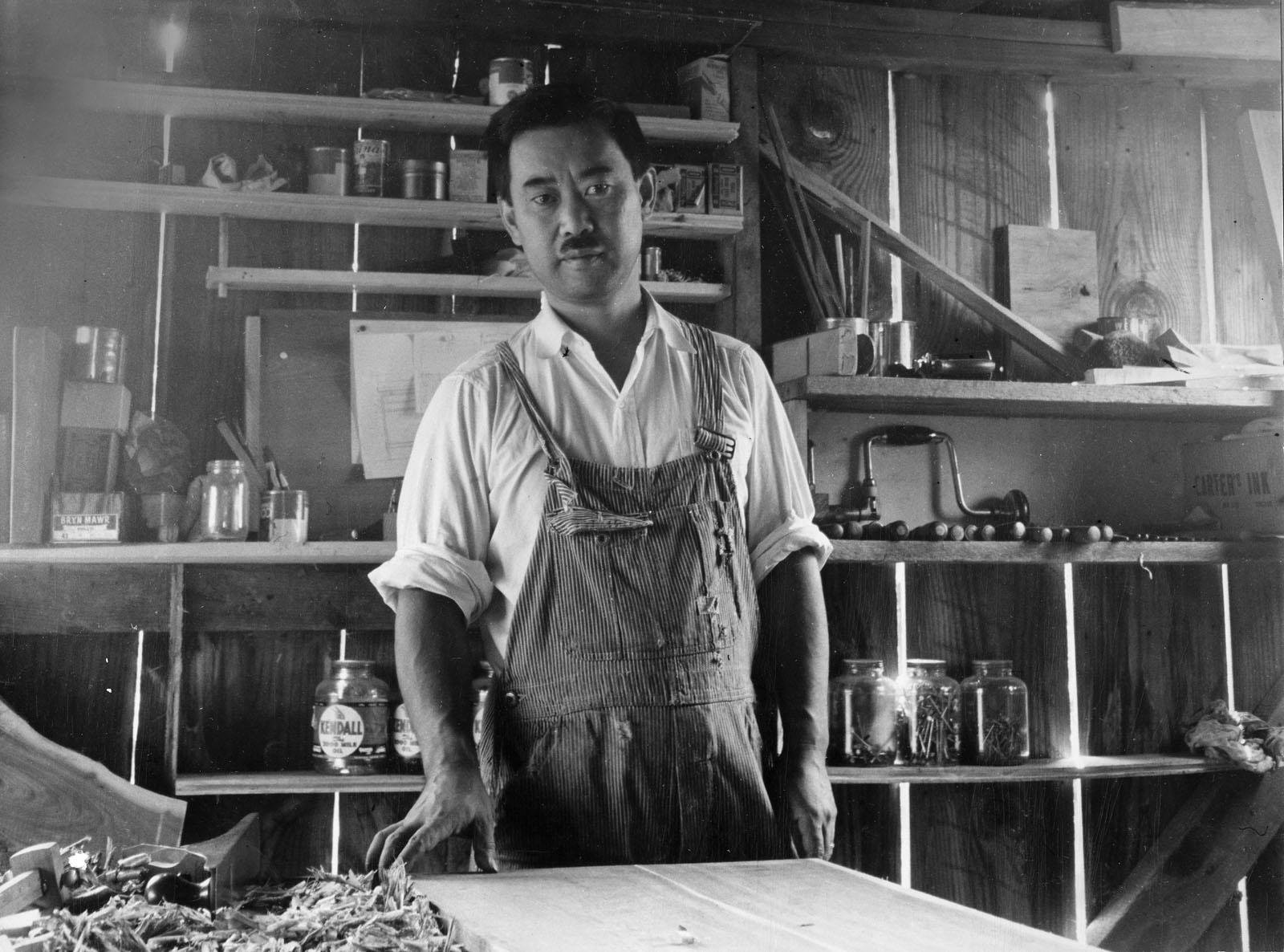 Photo of George Nakashima in his first workshop in New Hope, Pennsylvania, 1945.