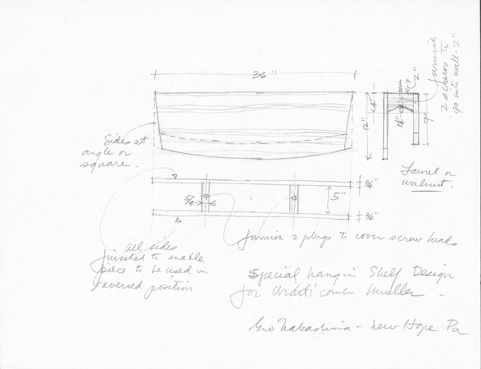 Photo of George Nakashima drawing of plans for a shelf for the Widdicomb Furniture Company.