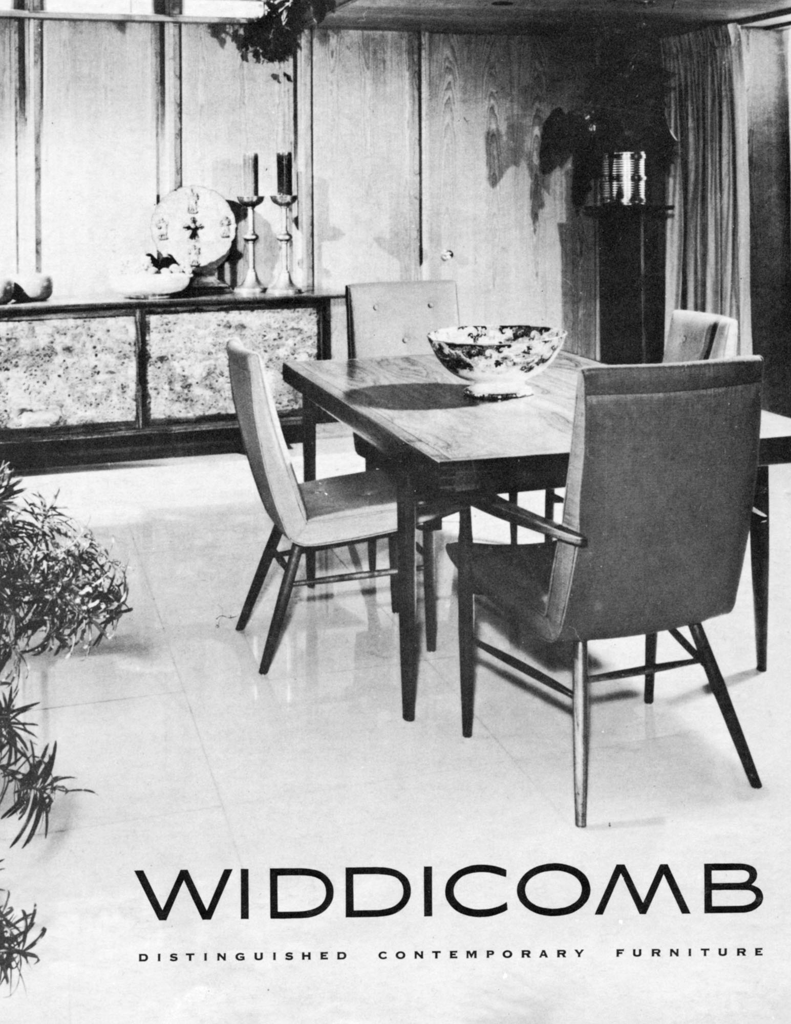 Photo of Widdicomb Furniture catalog showing a dining set from Nakashima’s Origins line, c. 1950.