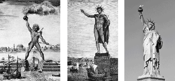 Il Colosso di Rodi, secondo le ricostruzioni di Johann Bernhard Fischer von Erlach (1721) e di Sidney Barclay (1880), e, a destra, la Statua della Libertà. 