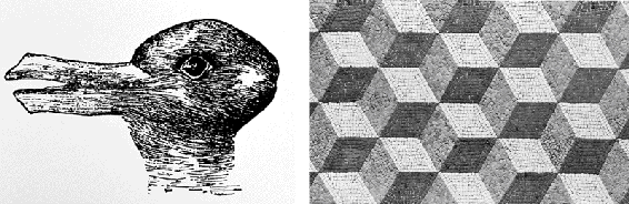 La figura di sinistra può essere vista come un coniglio che guarda a destra o un’anatra che guarda a sinistra. A destra sono i cubi reversibili (ogni vertice può apparire sporgente o rientrante): un motivo frequente nei mosaici ellenistici e ripreso in epoca romana.