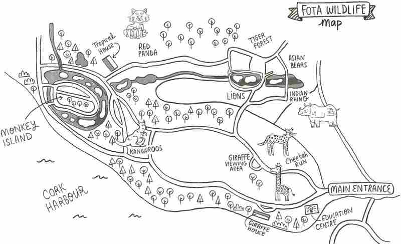 Park map with main areas and animals marked.