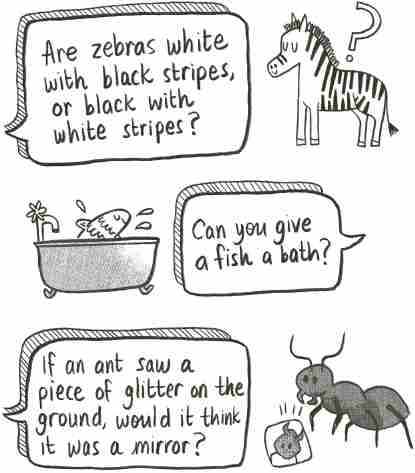 Illustrations of a zebra, a fish in a bath and an ant with a mirror