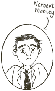 A head and shoulders illustration of Norbert Manley looking stressed in his suit and tie.