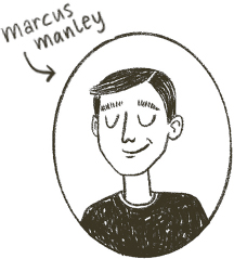 A head and shoulders illustration of Marcus Manley with his eyes closed, looking calm in a casual top and neater hair.