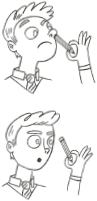 Two small illustrations of Ronan sticking a pencil up his nose and looking at it.