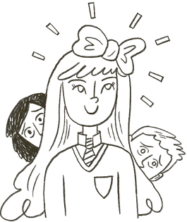 Rebecca looking happy in her school uniform with long hair and a big bow in her hair, with other students looking worried trying to see from behind her.