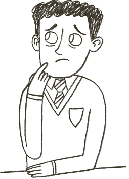 Liam in his school uniform at a desk, with short dark hair and a worried expression on his face