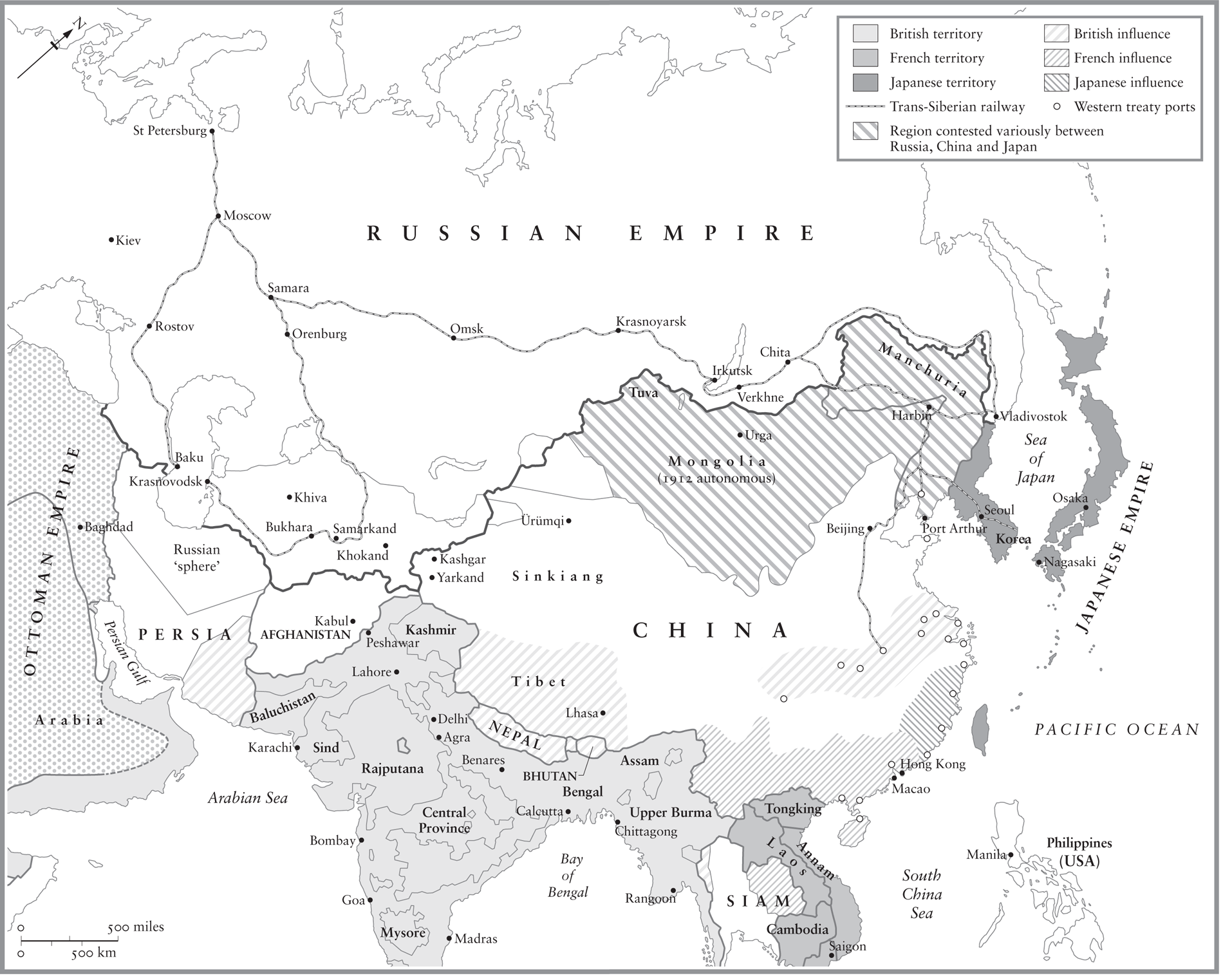 5. PRESSURE (2) From the east and south: the sheer length of its borders gives Russia’s policymakers unique strategic and defensive challenges. In the nineteenth century, Russia sensed threats from the Ottoman Empire in Asia, from the British in India and Afghanistan, and from the Japanese – as well as from the whole range of European, American and Asian empires.