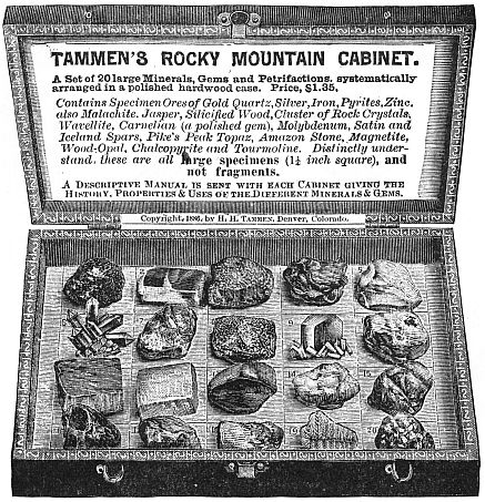 Box of Rocks TAMMEN’S ROCKY MOUNTAIN CABINET A set of 20 large Minerals, Gems and Petrifactions, systematically arranged in a polished hardwood case. Price, $1.35. Contains Specimen Ores of Gold Quartz, Silver, Iron, Pyrites, Zinc, also Malachite, Jasper, Silicified Wood, Cluster of Rock Crystals, Wavellite, Carnelian (a polished gem), Molybdenum, Satin and Iceland Spars, Pike’s Peak Topaz, Amazon Stone, Magnetite, Wood-Opal, Chalcopyrite and Tourmoline. Distinctly understand these are all large specimens (1¼ inch square), and not fragments. A Descriptive Manual is sent with each Cabinet giving the History, Properties & Uses of the Different Minerals & Gems. Copyright, 1886, by H. H. Tammen, Denver, Colorado.