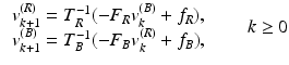 $$\begin{aligned} \begin{array}{l} v_{k+1}^{(R)} = T_R^{-1} ( - F_R v_k^{(B)} + f_R ) , \\ v_{k+1}^{(B)} = T_B^{-1} ( - F_B v_k^{(R)} + f_B ) , \end{array} \qquad k \ge 0 \end{aligned}$$