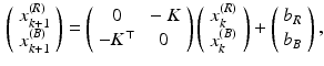 $$\begin{aligned} \left( \begin{array}{c} x_{k+1}^{(R)} \\ x_{k+1}^{(B)} \end{array} \right) = \left( \begin{array}{cc} 0 &{} - K \\ - K^\top &{} 0 \end{array} \right) \left( \begin{array}{c} x_k^{(R)} \\ x_k^{(B)} \end{array} \right) + \left( \begin{array}{c} b_R \\ b_B \end{array}\right) , \end{aligned}$$