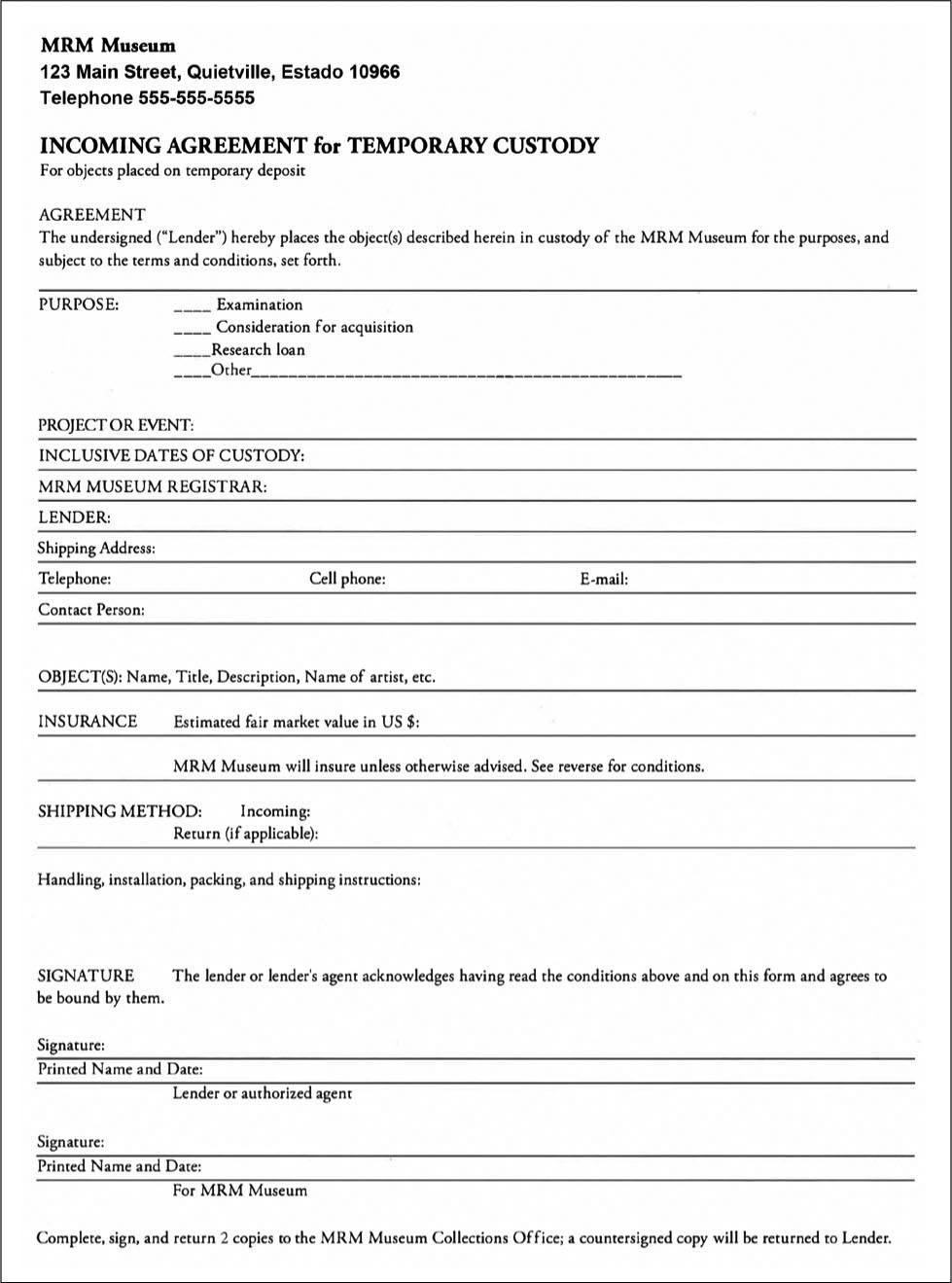 FIGURE 9.1 A–B INCOMING AGREEMENT FOR TEMPORARY CUSTODY WITH CONDITIONS GOVERNING TEMPORARY CUSTODY. CREATED BY AUTHOR.