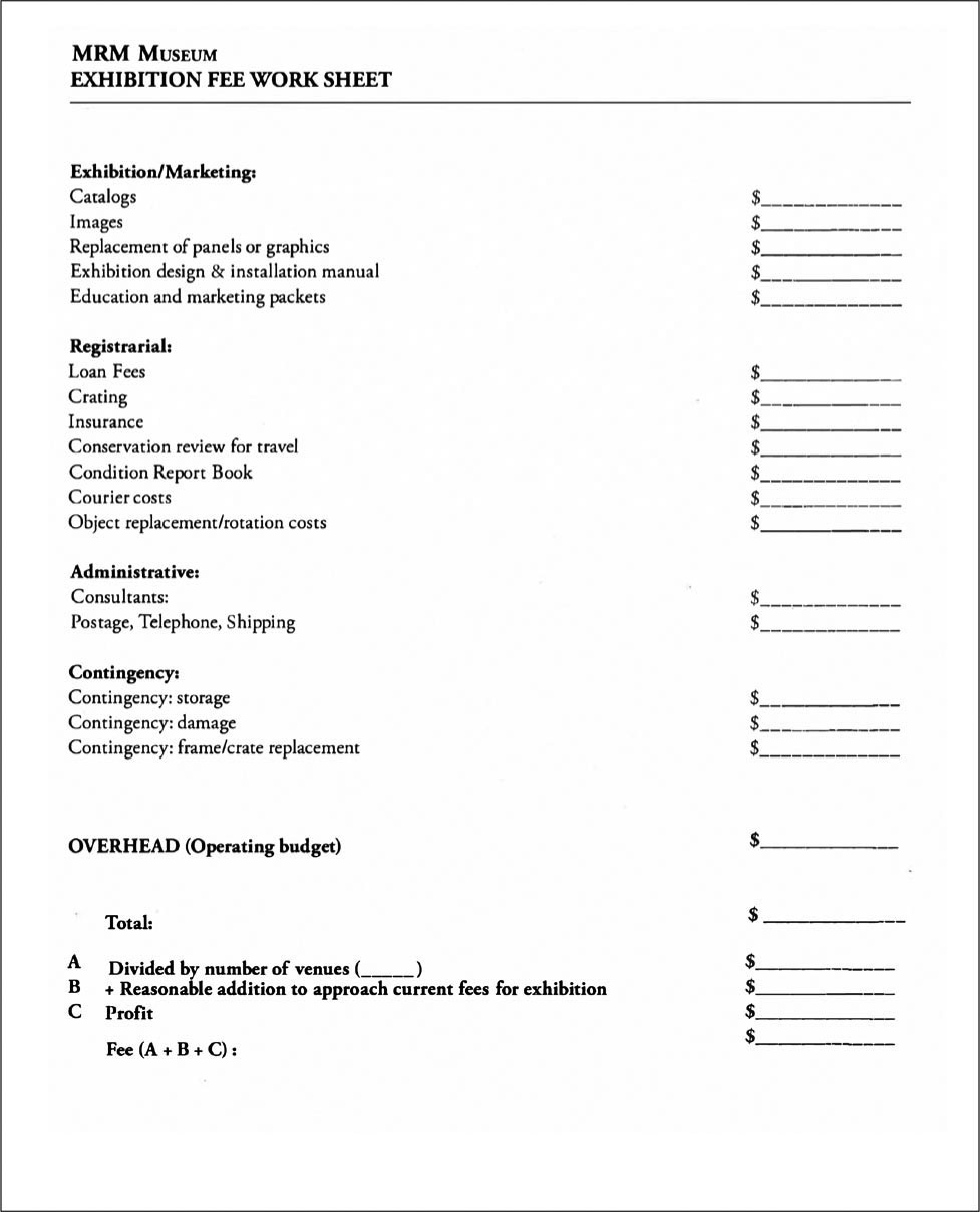 FIGURE 9.10 EXHIBITION FEE WORKSHEET. CREATED BY AUTHOR.