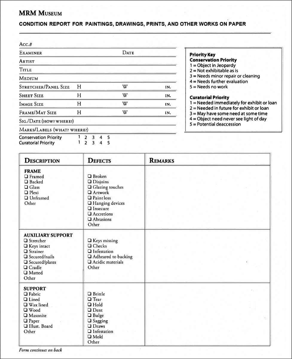 FIGURE 9.11A–B CONDITION REPORT FOR PAINTINGS, DRAWINGS, PRINTS, AND OTHER WORKS ON PAPER. CREATED BY AUTHOR.