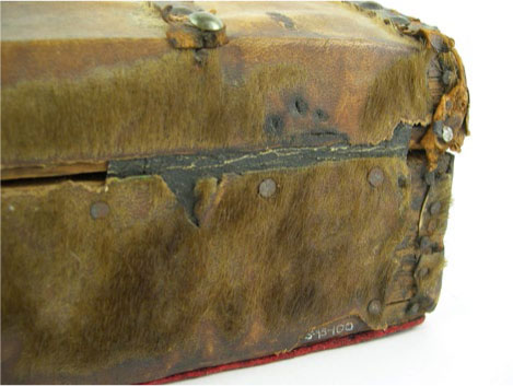 FIGURE 5E.7 DETAIL OF A DOLL TRUNK WITH RUSTY NAIL HEADS, SPLITTING WOOD, AND EMBRITTLED ANIMAL-SKIN HIDE WITH MISSING FUR, TEARS, FRAYED EDGES, AND LOSSES, CIRCA 1860. COURTESY SHILOH MUSEUM OF OZARK HISTORY (S-95-100). CREATED BY AUTHOR.