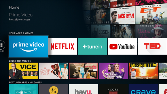 Snapshot of a portion of the Fire TV Home screen, displaying some apps for the streaming services Amazon Prime Video, Netflix, TuneIn Radio, YouTube, and TED TV.