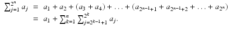 
$$\displaystyle\begin{array}{rcl} \sum _{j=1}^{2^{n} }a_{j}& =& a_{1} + a_{2} + (a_{3} + a_{4}) +\ldots +(a_{2^{n-1}+1} + a_{2^{n-1}+2} +\ldots +a_{2^{n}}) {}\\ & =& a_{1} +\sum _{ k=1}^{n}\sum _{ j=2^{k-1}+1}^{2^{k} }a_{j}. {}\\ \end{array}$$
