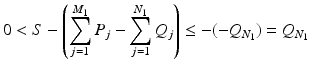 
$$\displaystyle{0 < S -\left (\sum _{j=1}^{M_{1} }P_{j} -\sum _{j=1}^{N_{1} }Q_{j}\right ) \leq -(-Q_{N_{1}}) = Q_{N_{1}}}$$
