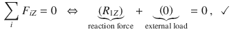 $$\begin{aligned} \sum \limits _{i}F_{iZ}=0\;\; \Leftrightarrow \;\;\underbrace{(R_{1Z})}_{\text {reaction force}}+\underbrace{\left( 0\right) }_{\text {external load}}=0\,, \;\;\checkmark \end{aligned}$$