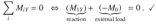 $$\begin{aligned} \sum \limits _{i}M_{iY}=0\;\; \Leftrightarrow \;\;\underbrace{(M_{1Y})}_{\text {reaction}}+\underbrace{\left( -M_0\right) }_{\text {external load}}=0\,. \;\;\checkmark \end{aligned}$$