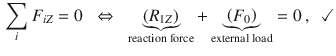 $$\begin{aligned} \sum \limits _{i}F_{iZ}=0\;\; \Leftrightarrow \;\;\underbrace{(R_{1Z})}_{\text {reaction force}}+\underbrace{\left( F_0\right) }_{\text {external load}}=0\,, \;\;\checkmark \end{aligned}$$