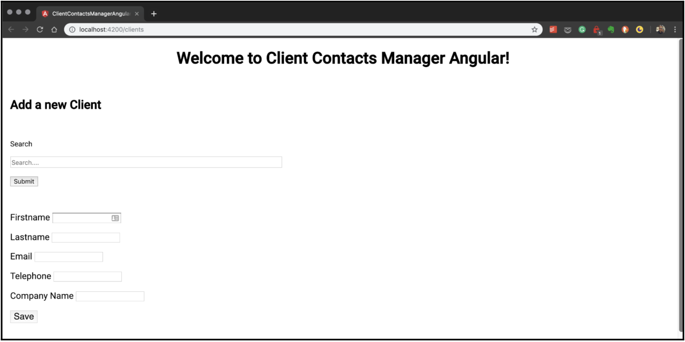 Client Contacts Manager App showing the Search Form 