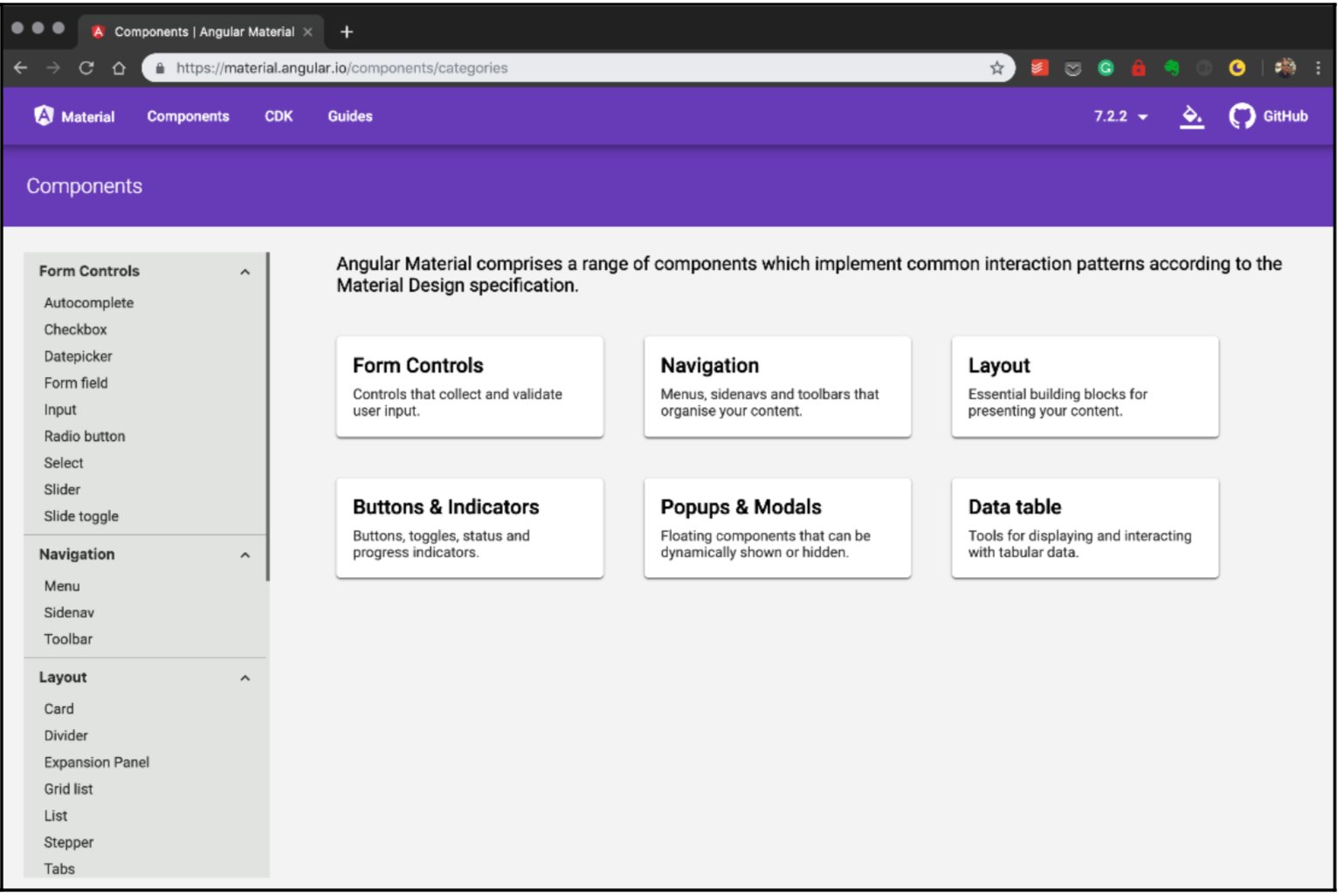 Angular Material site showing the Components section