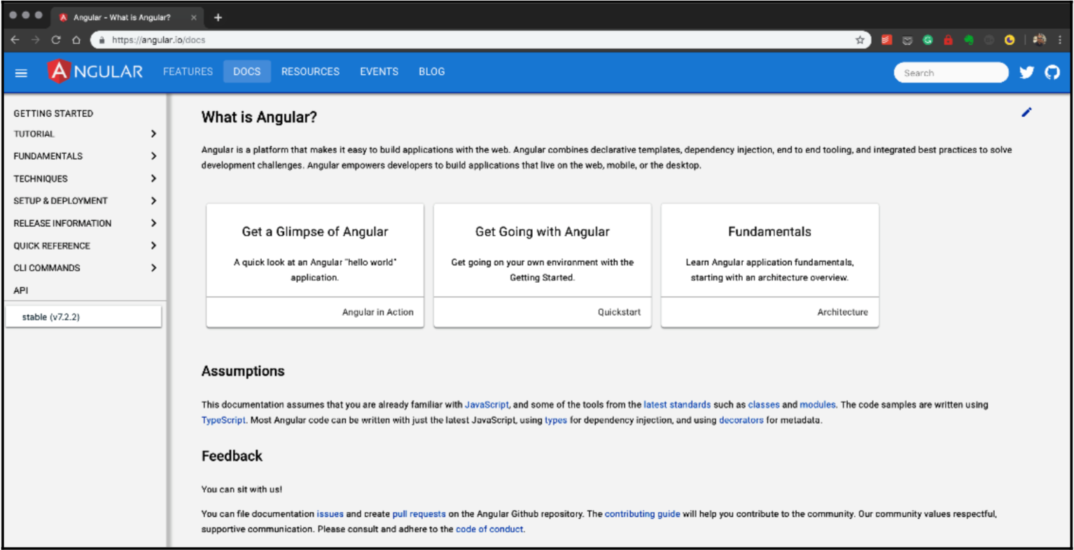 Angular Docs site showing sidebar and toolbar components